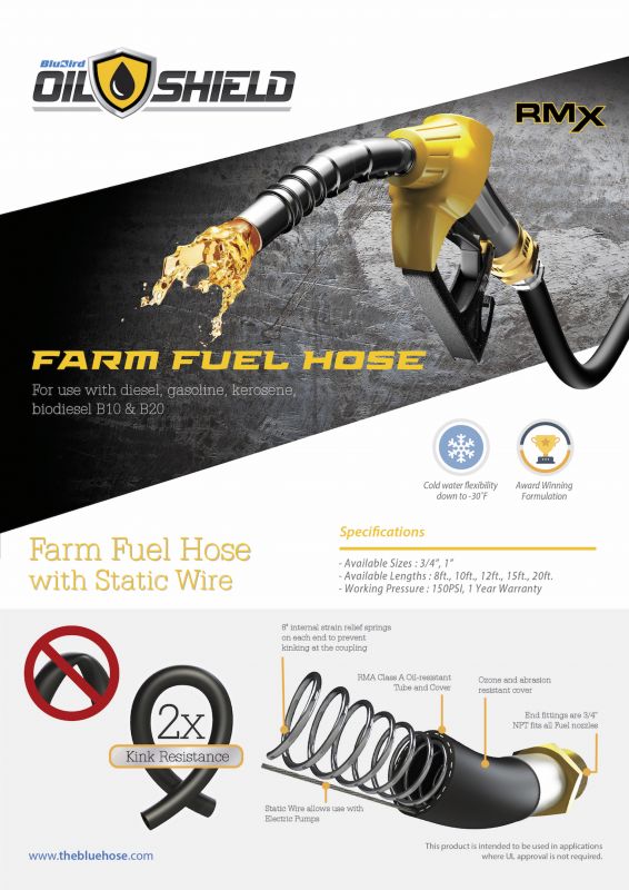 OilShield 3/4" x 20' Rubber Farm Fuel Transfer Hose with Static Wire