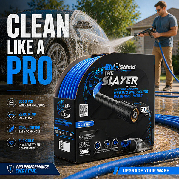 Blu Shield Slayer Hybrid product packaging and hose