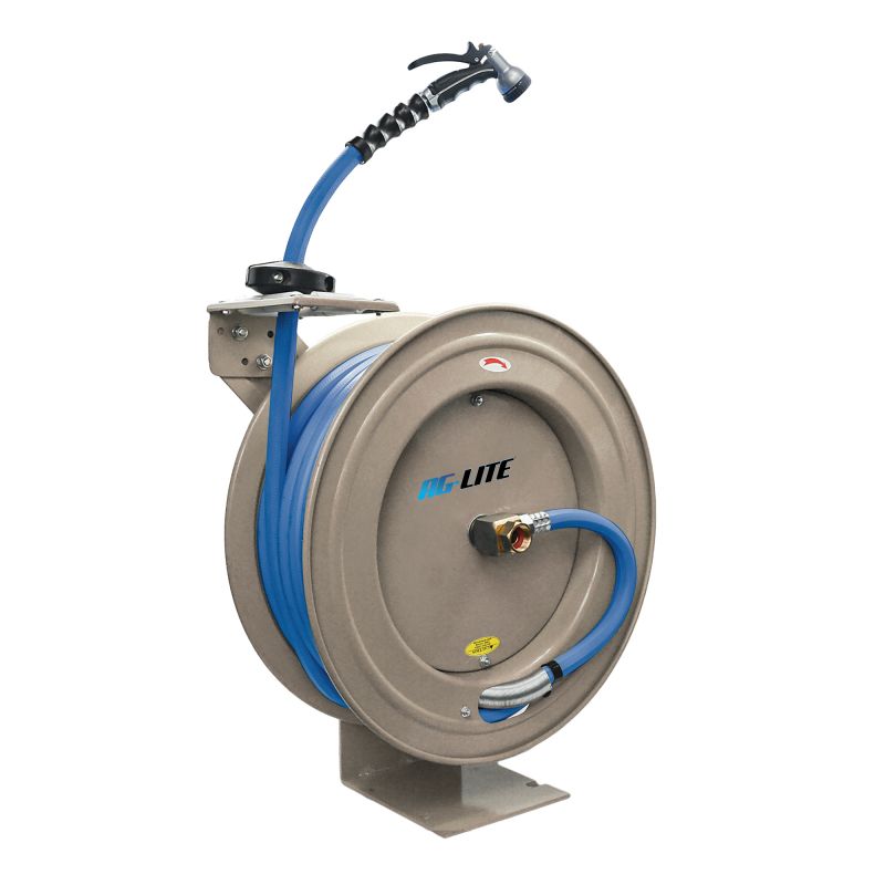 AG-Lite 100% Rubber 5/8" X 50' Water Hose Heavy Duty 18 Gauge Retractable Reel.  3/4" Male and Female GHT Fittings.  500 PSI Burst Rating.  Includes 6' Lead In Hose and Nozzle.  Cream Color