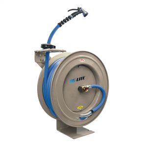 AG-Lite 100% Rubber 5/8" X 50' Water Hose Heavy Duty 18 Gauge Retractable Reel.  3/4" Male and Female GHT Fittings.  500 PSI Burst Rating.  Includes 6' Lead In Hose and Nozzle.  Cream Color