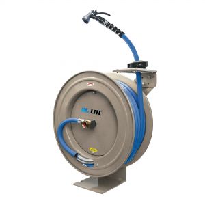 AG-Lite 100% Rubber 5/8" X 50' Water Hose Heavy Duty 18 Gauge Retractable Reel.  3/4" Male and Female GHT Fittings.  500 PSI Burst Rating.  Includes 6' Lead In Hose and Nozzle.  Cream Color