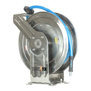 Blu Shield Tough Tek Rubber Pressure Washing Hose Reel - Stainless Steel 3/8" X 50' (SS Dual Arm)with 6' Lead-in-Hose