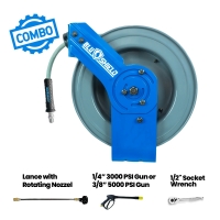 BluShield Rubber Pressure Washing Hose Reel 3/8" X 50 (Dual Arm) with 6' Lead-in-Hose - All In One