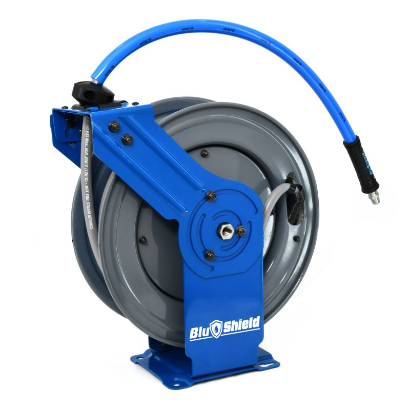 BluShield Rubber Pressure Washing Hose Reel 3/8" X 100(Dual Arm) with 6' Lead-in-Hose - All in One