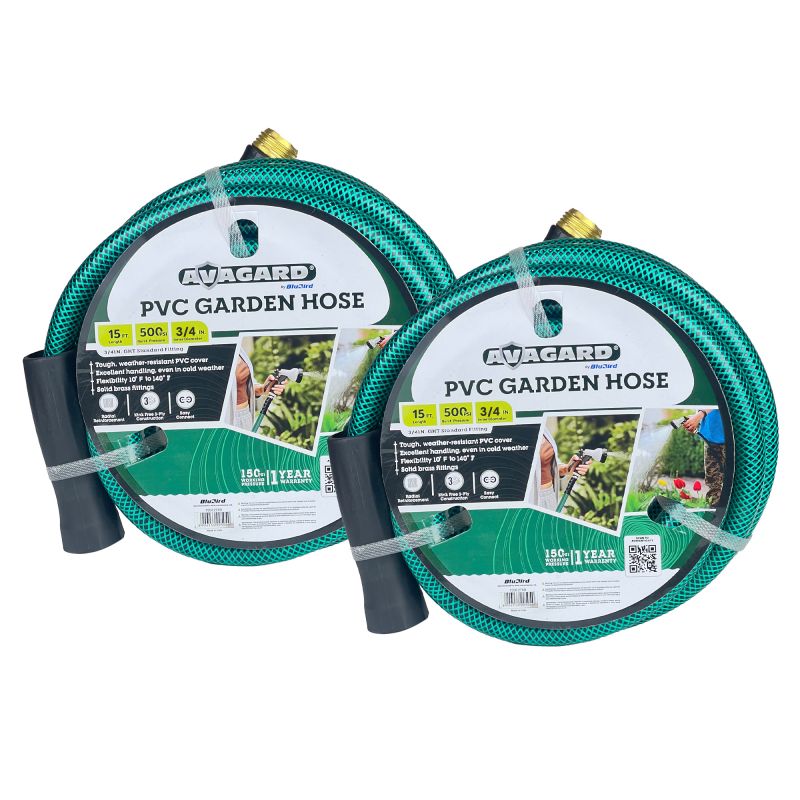 Avagard PVC Water Hose Assembly 3/4" X 15', 3/4" Male and Female GHT Fittings. 500 PSI Burst Rating. Includes Extra Washer and Bend Restrictor. 2 Pack