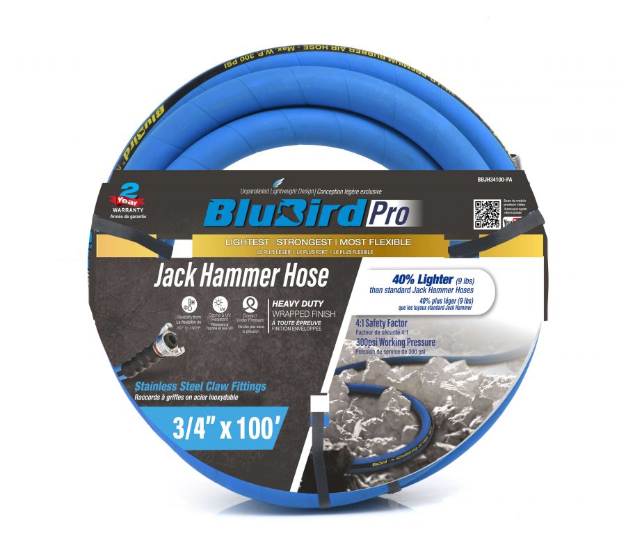 BluBird Pro Rubber Jack Hammer Air Hose Assembly 3/4" x 100'