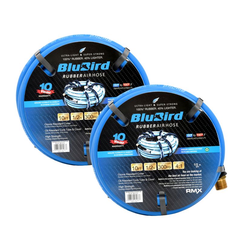 BluBird Rubber Air Hose Assembly 1/2" X 10'- 1/2" Male-NPT, 300 PSI, EPDM, 2 Pack