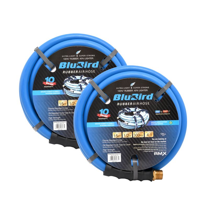 BluBird Rubber Air Hose Assembly 1/2" X 15'- 1/2" Male-NPT, 300 PSI, EPDM, 2 Pack