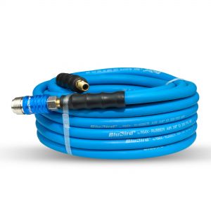 BluBird Rubber Air Hose 3/8" X 50'- 3/8" Male-NPT, 300 PSI, EPDM with Universal 5 in 1 Coupler