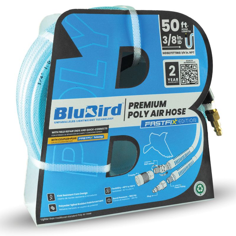 BluBird Poly Air Hose Assembly 3/8" X 50' with Fast FiX Field Repairable Fitting and Quick Connect Coupler