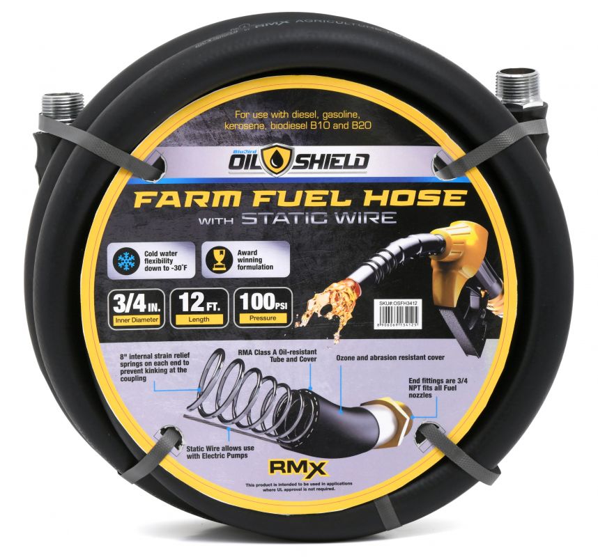 OilShield 3/4" x 12' Rubber Farm Fuel Transfer Hose with Static Wire